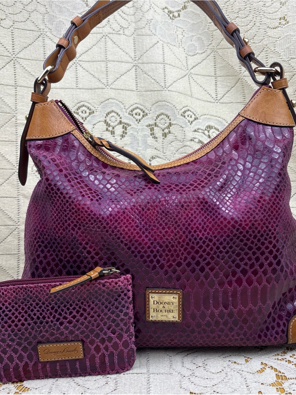 Dooney & Bourke Plum Snake-Embossed Shoulder Bag with Pouch